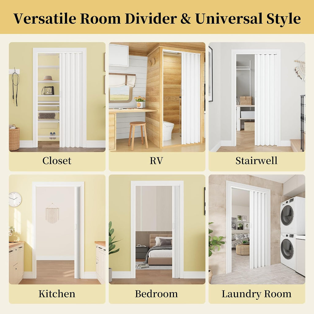 60' x 80' Enhanced Accordion Door Interior, Power Magnetic PVC Folding Door with 2 Handles & All Hardware, Room Divider Accordion Doors for Doorway Closet Basement Bathroom RV Camper, White