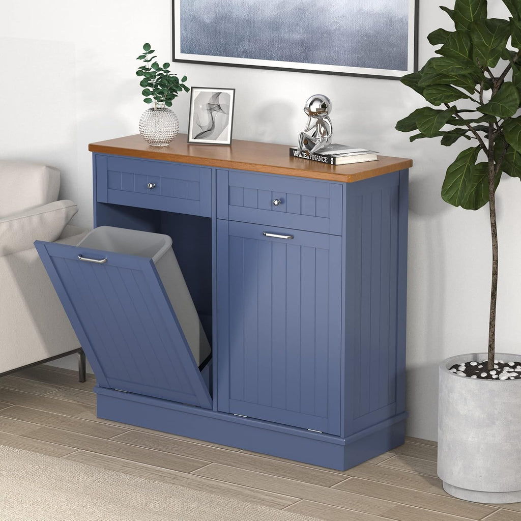 TOLEAD Tilt Out Trash Cabinet,Antique-Style Beadboard Kitchen Island with Solid Wood Tabletop & Drawer, Pet Proof Trash Can, Wood Laundry Cabinet (Blue, Double Door)