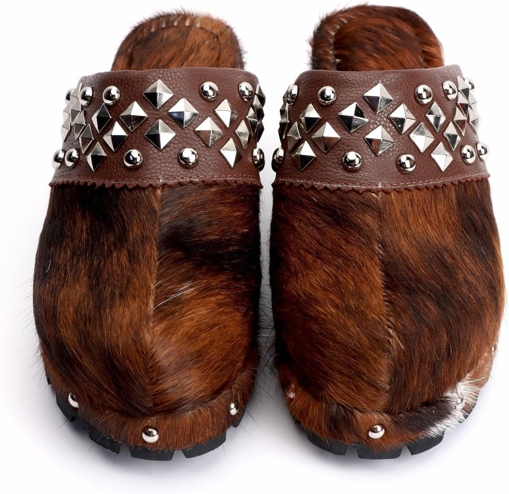XOBZJH Platform Vintage Rivet Design Clogs for Women with Arch Support – Natural Calf Hair & Leather Patchwork Upper, Leather-Lined Slip-On Mules for All Day Comfort