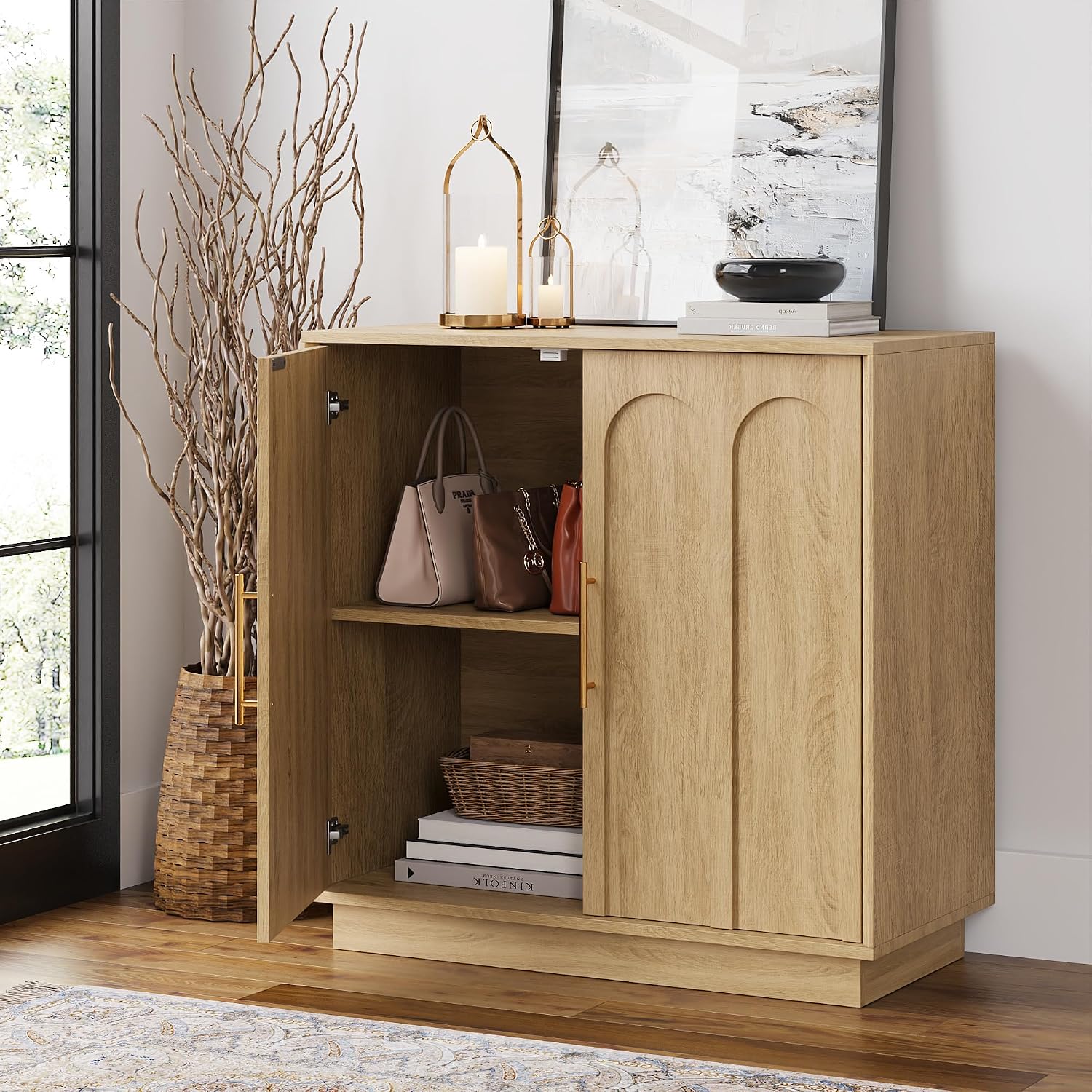 FORTUNETEC Sideboard Buffet Cabinet with Storage, Modern Accent Cabinet with Arched Doors, Boho Modular Media Console, 31.5' Minimalist Credenza for Living Room Kitchen Dining Room Entryway, Oak