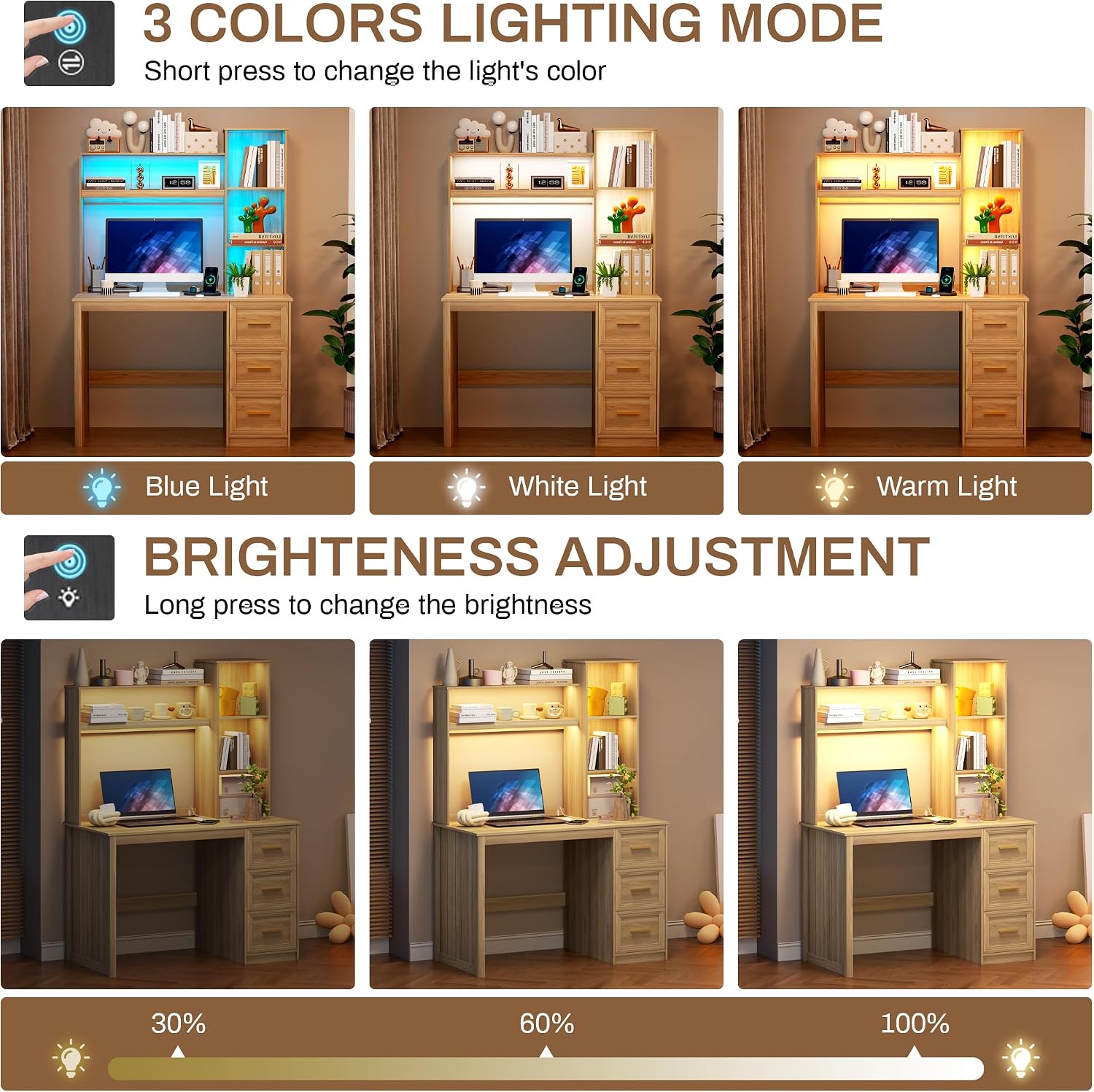 LVSOMT 40' Home Office Desk with Hutch and Drawers, Computer Desk with Power Outlets and LED Light, Study Writing Gaming Table with Storage Shelves, Workstation for Bedroom, Wood