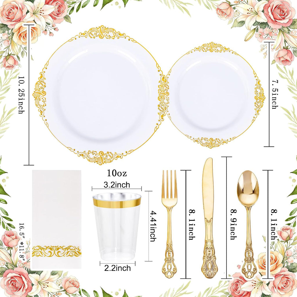 YOUBET 700PCS Gold Plastic Dinnerware Set - White and Gold Disposable Plates for 100 Guest - 200 Disposable Plates, 300 Heavy Duty Plastic Silverware, 100 Cups,100 Napkins for Wedding