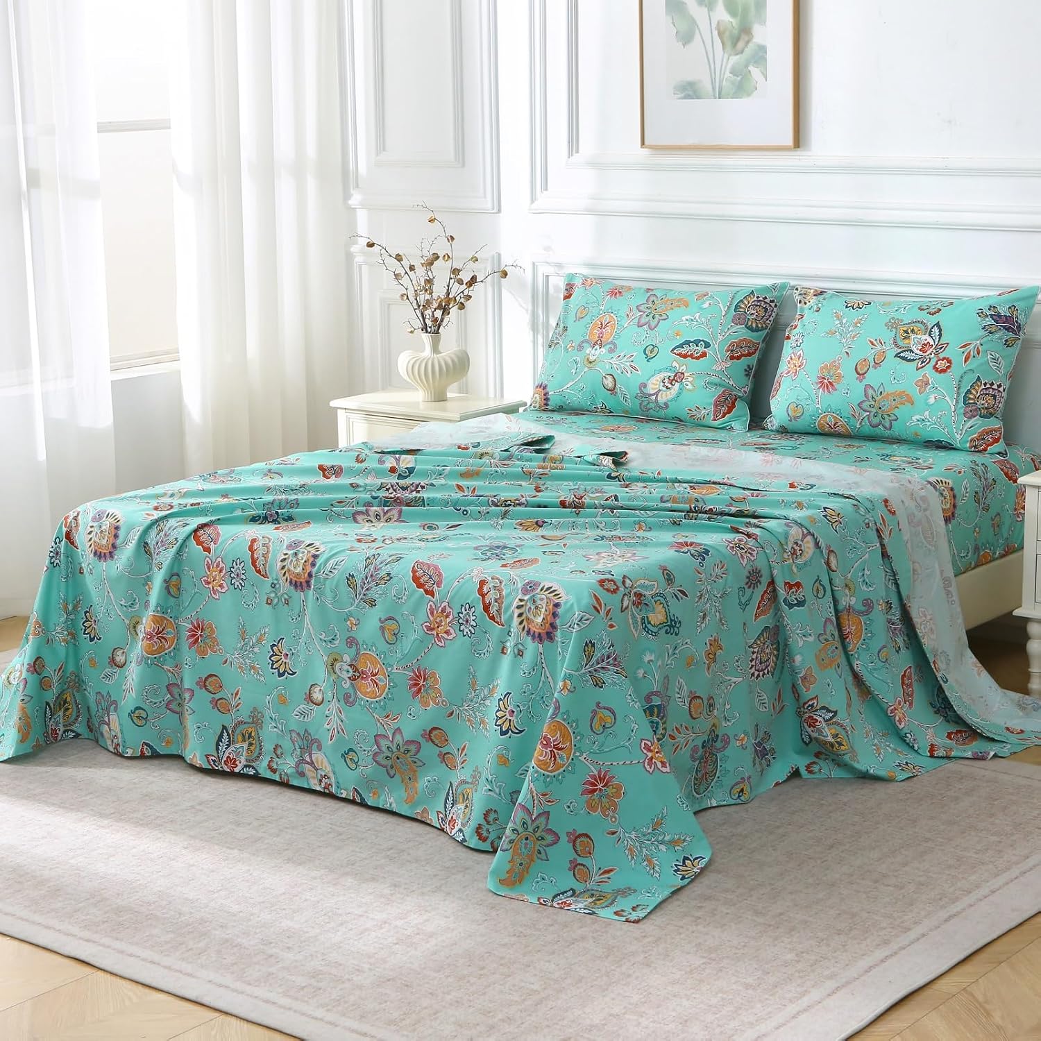 ABREEZE Sheets Set Blue Floral Bedding Rustic Flower Botanical Bed Sheet Set Vintage Farmhouse Bedding 100% Cotton Ultra Soft Breathable Beddings with Deep Pocket Fitted Sheet 4Pcs, King Size