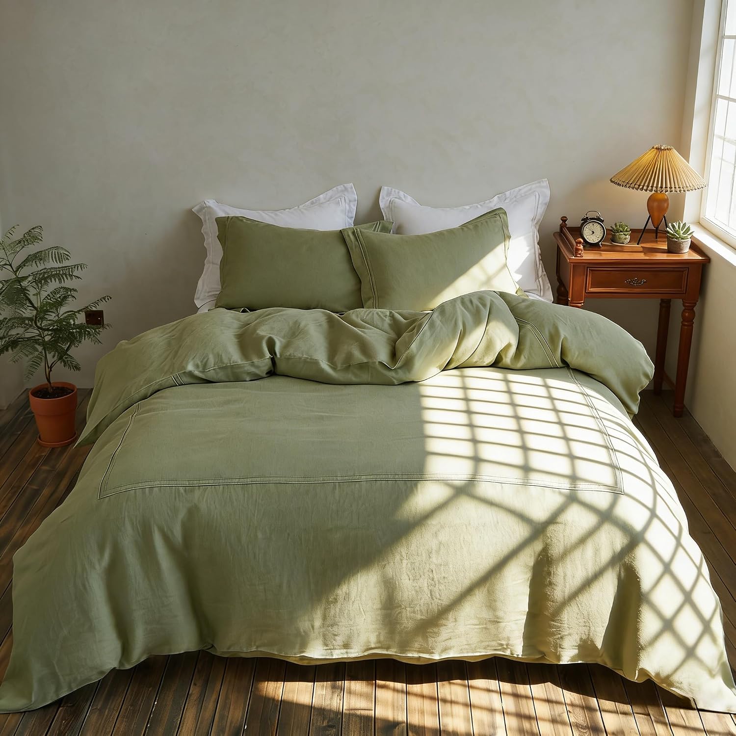 Simple&Opulence 100% Washed Linen Duvet Cover Set 88'x92' - 3 Pieces Soft Farmhouse Comforter Set Double Embroidered with Button Closure - 1 Duvet Cover and 2 Pillowshams (Sage Green, Queen)