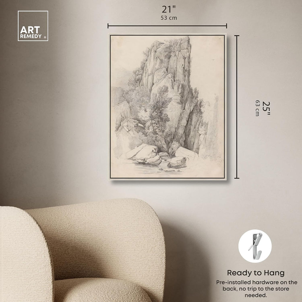 Art Remedy Rock Cliffs above a Stream 1818 Canvas Classic Sketches, Silver Frame, 20' x 24'