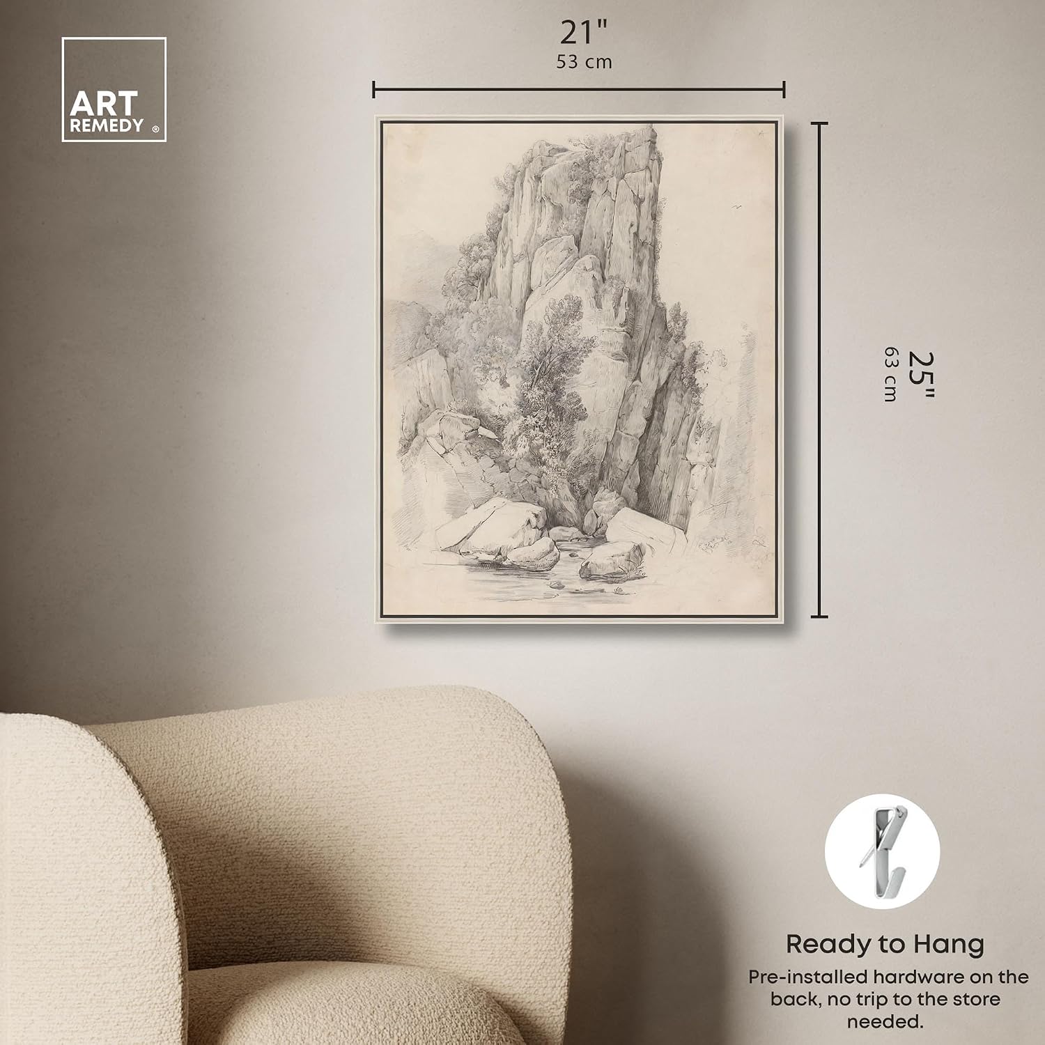 Art Remedy Rock Cliffs above a Stream 1818 Canvas Classic Sketches, Silver Frame, 20' x 24'