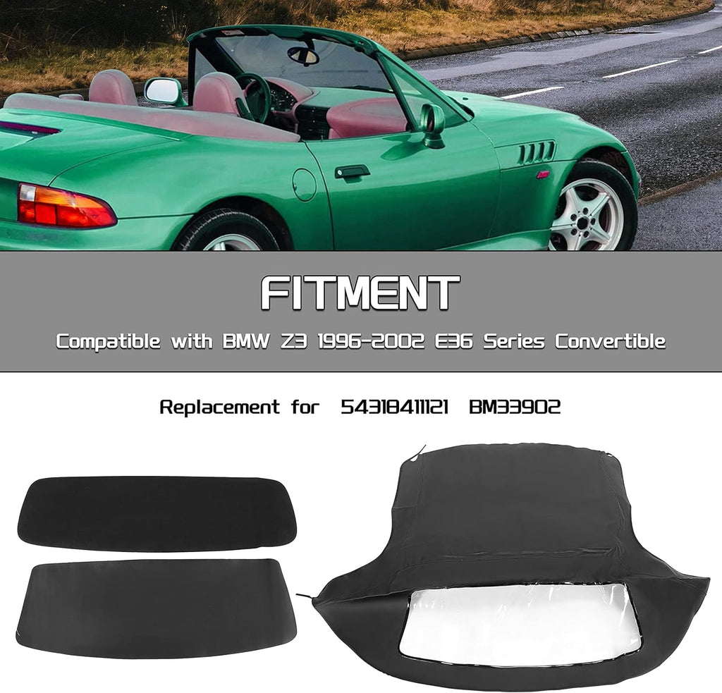 Kojem Convertible Soft Top Roof Cover Compatible with 1996-2002 BMW Z3 & M Roadster Convertibles Black with Plastic Window Replace for 54318411121 BM-33902 BM33902