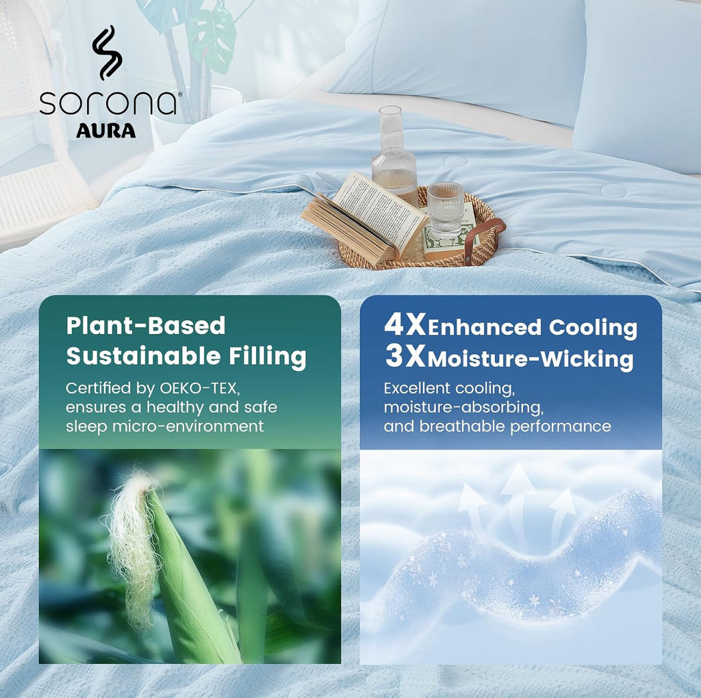 Amélie Home Waffle Cooling Comforter King Size, Q-Max 0.45 Reversible Lightweight Cooling Blanket for Hot Sleepers, Breathable Bedding for Night Sweats, 106'x90', Sky Blue