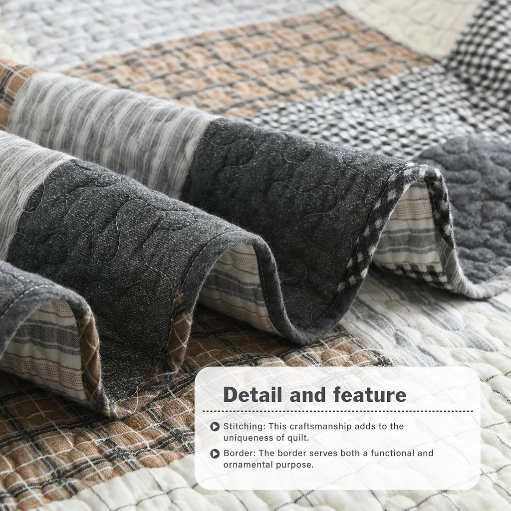Y-PLWOMEN King Size Quilt - 100% Cotton Cozy King Quilt Set, Farmhouse Striped Bedspread, Reservible Lightweight Quilted Bedding Set for All Season, 3-Pieces