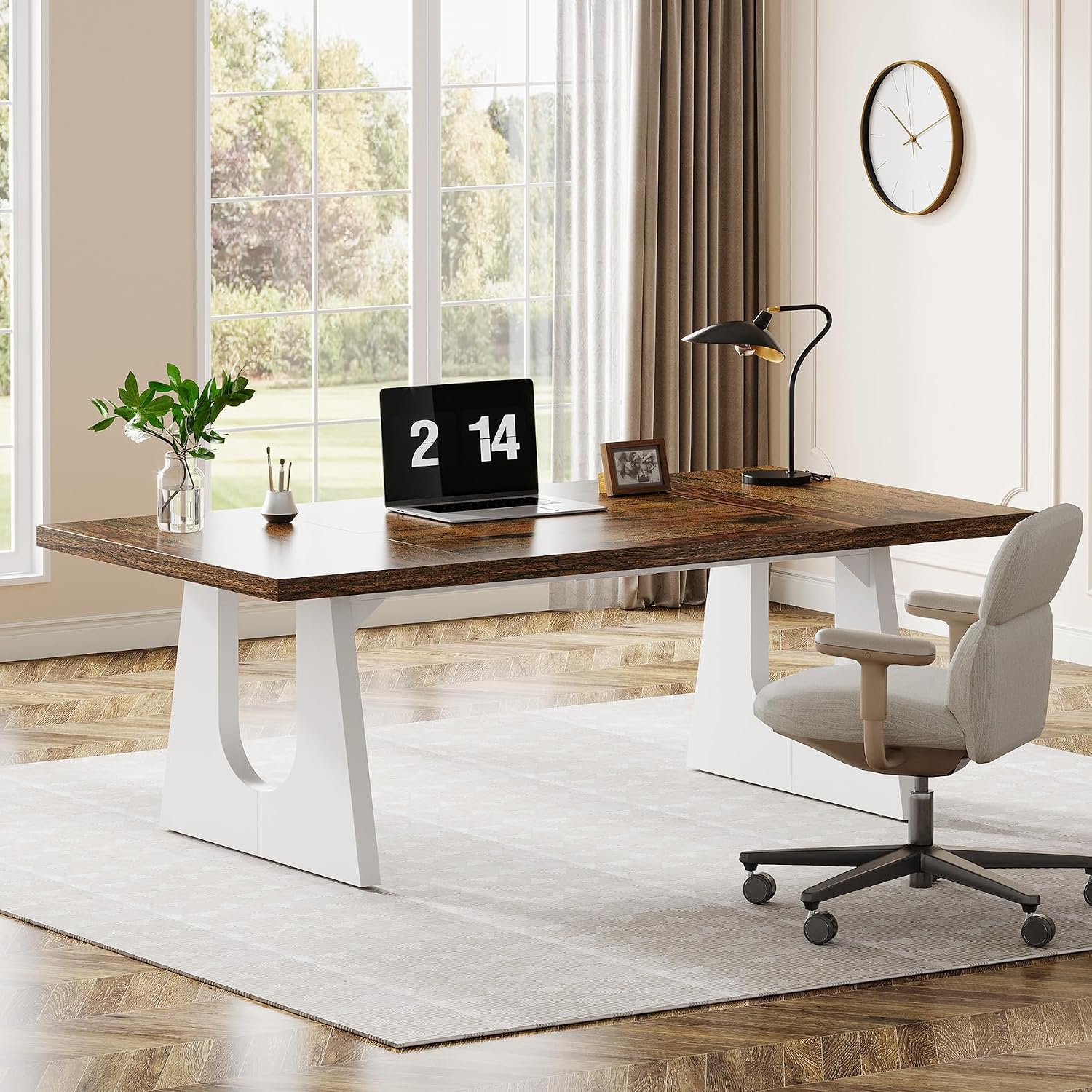 Tribesigns 70.86-Inch Executive Desk, Large Computer Office Desk with Double Wood Pedestal, Modern Simple Style Rectangle Writing Table for Home Office (Brown & White)