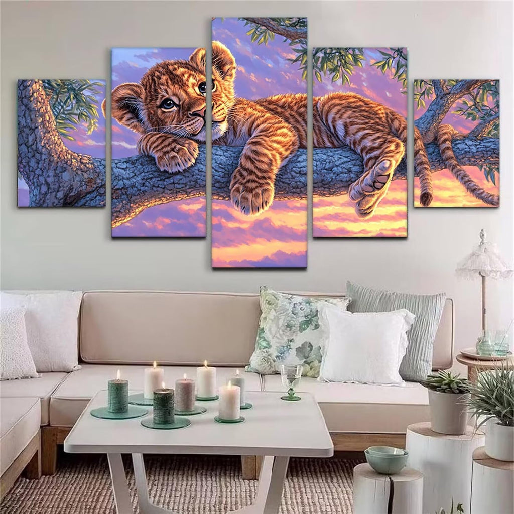 Leopard Diamond Art 5 Piece Diamond Painting Animal 5D DIY Full Round Drill Dimond Art Paintings Rhinestones Crafts for Adults Gem Painting for Home Decor, Large Artwork for Wall 36 x 70 Inch,Model327