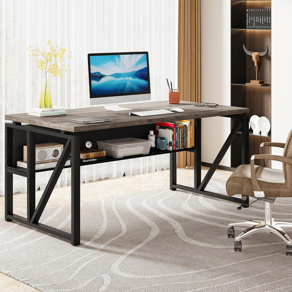 Tribesigns 55 inches Computer Desk with Bottom Storage Shelf Home Office Desk Writing Table for Workstation,Dark Walnut + Steel Leg， Cabinet not Included (Dark Oak, 55-inch -with Shelf)