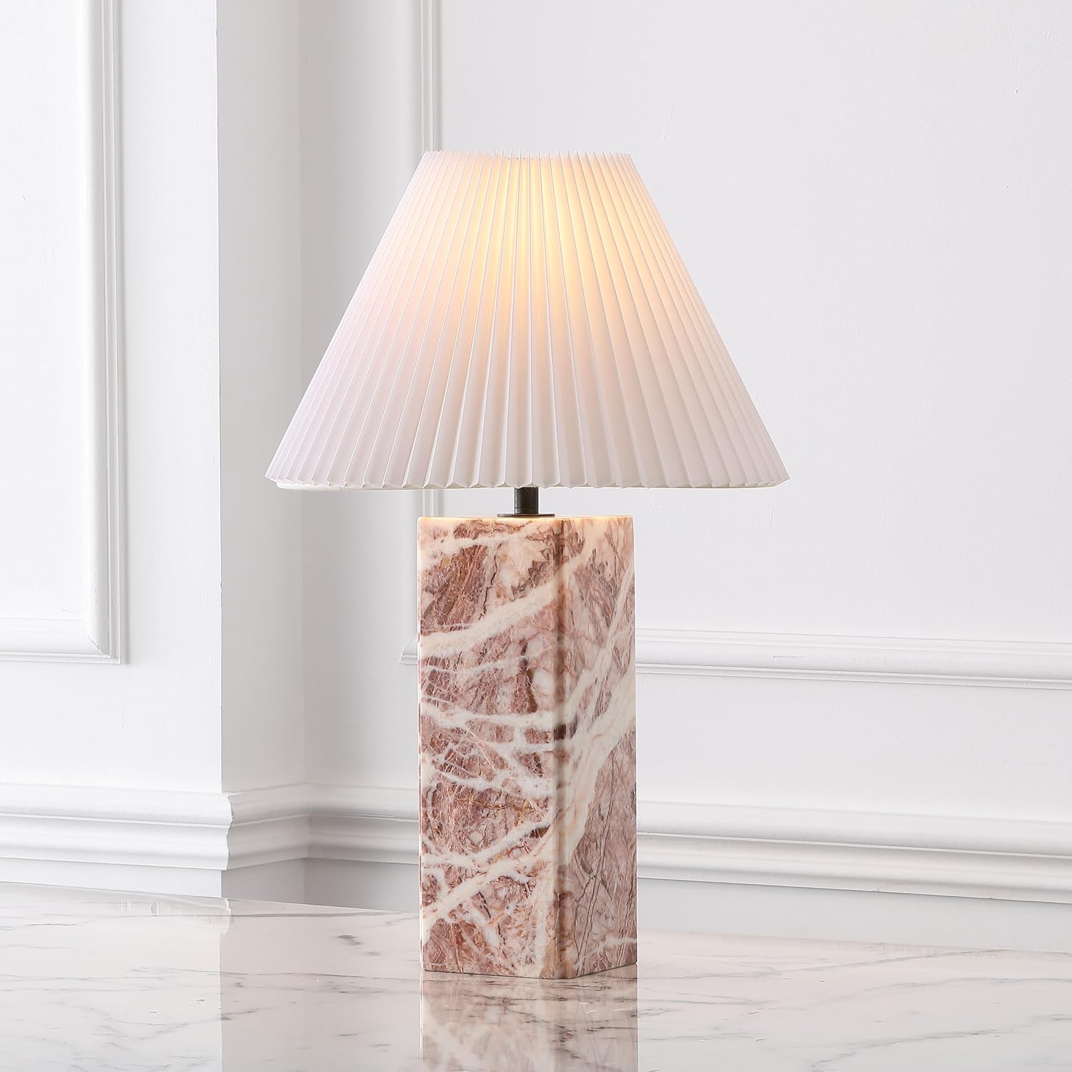SAFAVIEH Couture Lighting Collection - Mackenzie Square Tan Marble Table Lamp, 25' Modern Bedside or Living Room Light with White Cotton Shade, Dimmable with LED Bulb (CTL1080E)