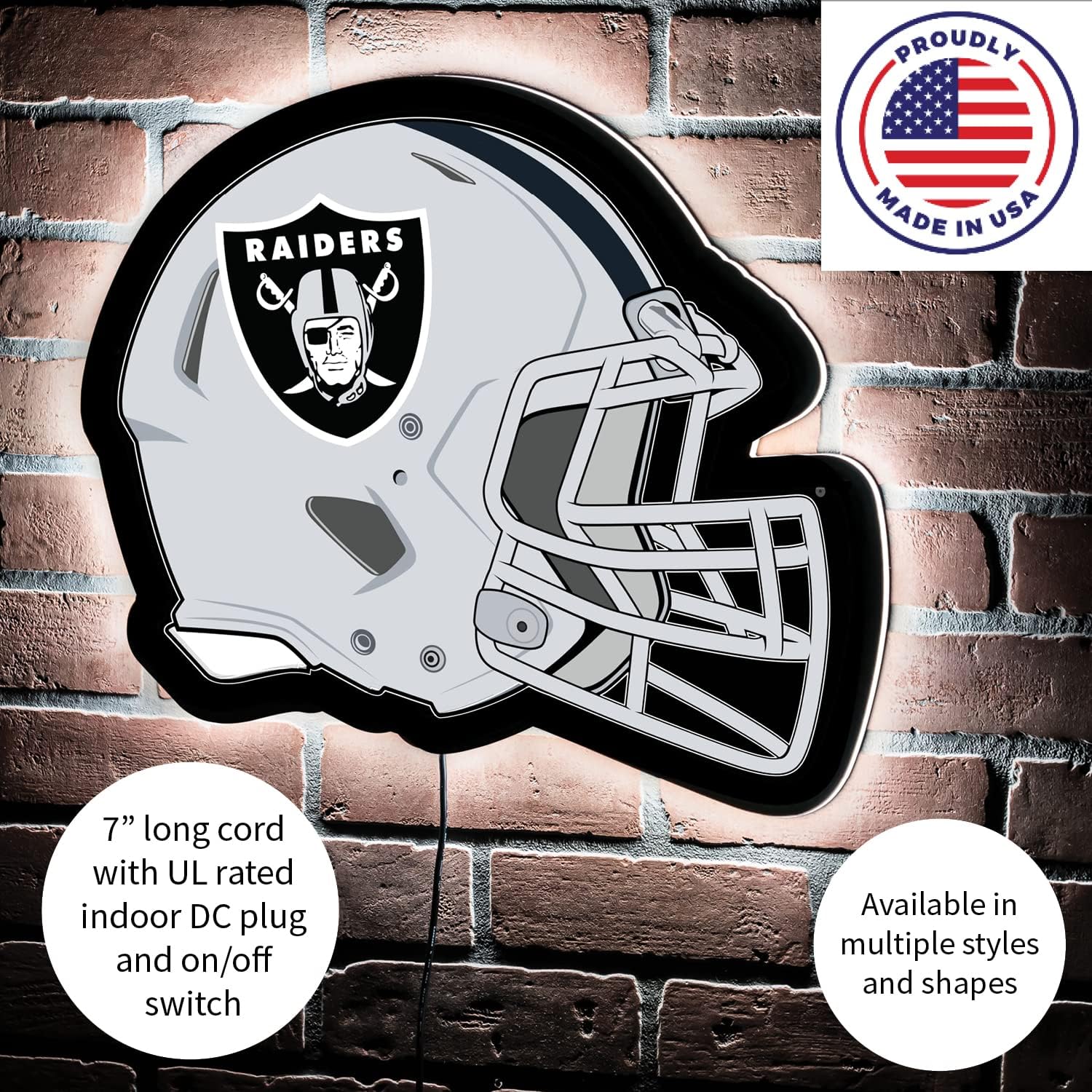 Team Sports America Evergreen NFL Las Vegas Riders Ultra-Thin LED Light Wall Sign Decor | Full Size Replica Helmet | 19.5 x 15 Inches | Made in the USA