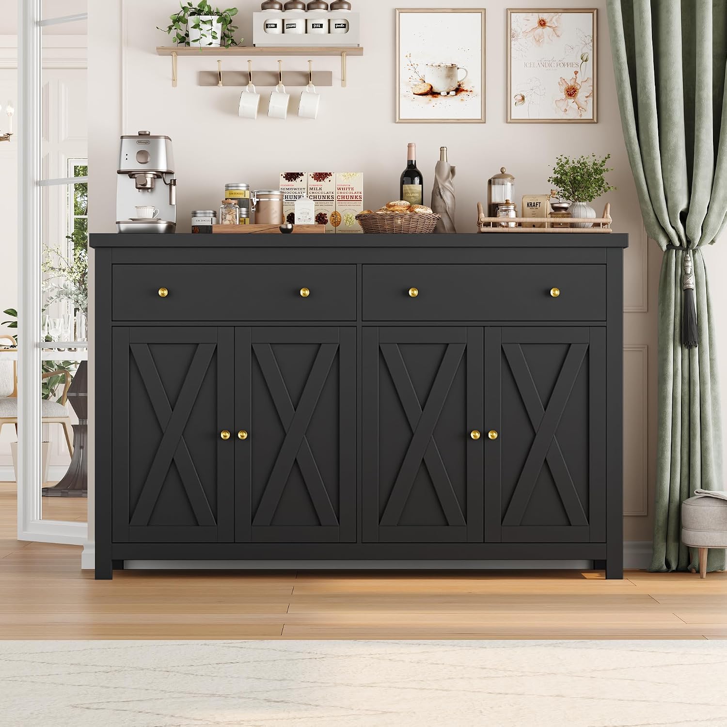 FOTOSOK Sideboard Buffet Cabinet with Storage, 55' Large Kitchen Storage Cabinet with 2 Drawers and 4 Doors, Wood Coffee Bar Buffet Table for Kitchen Dining Room, Black