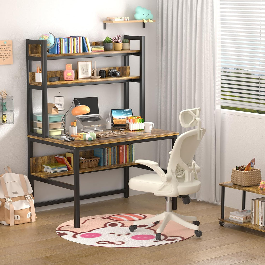 Aquzee Computer Desk with Hutch, 47'W x 23.6' D Desk with Shelves, Tall Home Office Desk with Bookshelf, Metal Legs Study Table with Upper Storage Shelf for Study Writing/Workstation