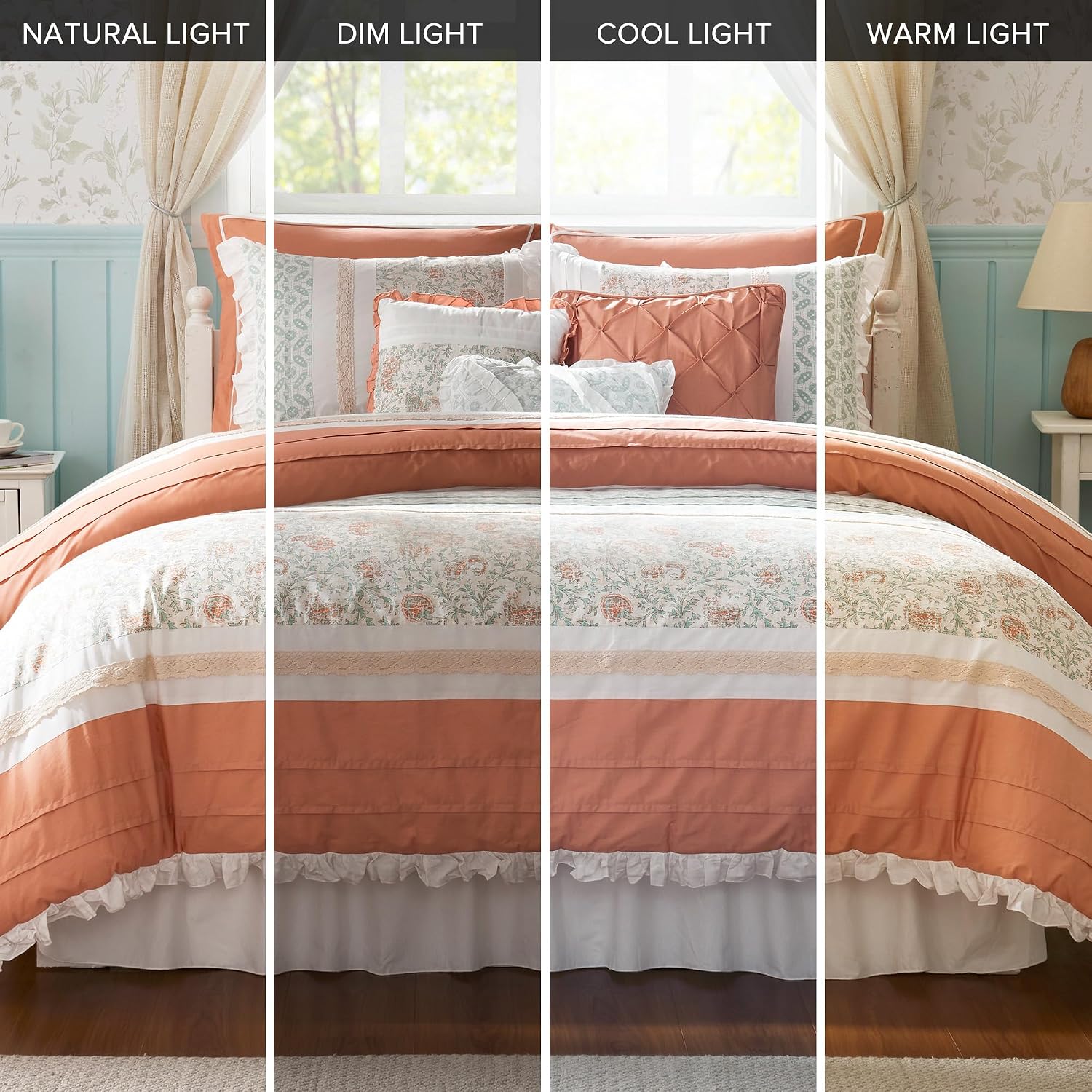 Madison Park Dawn 100% Cotton Shabby Chic Comforter Set-Modern Cottage Design All Season Down Alternative Bedding, Matching Shams, Bedskirt, Decorative Pillows, Cal King(104'x92'), Coral 9 Piece