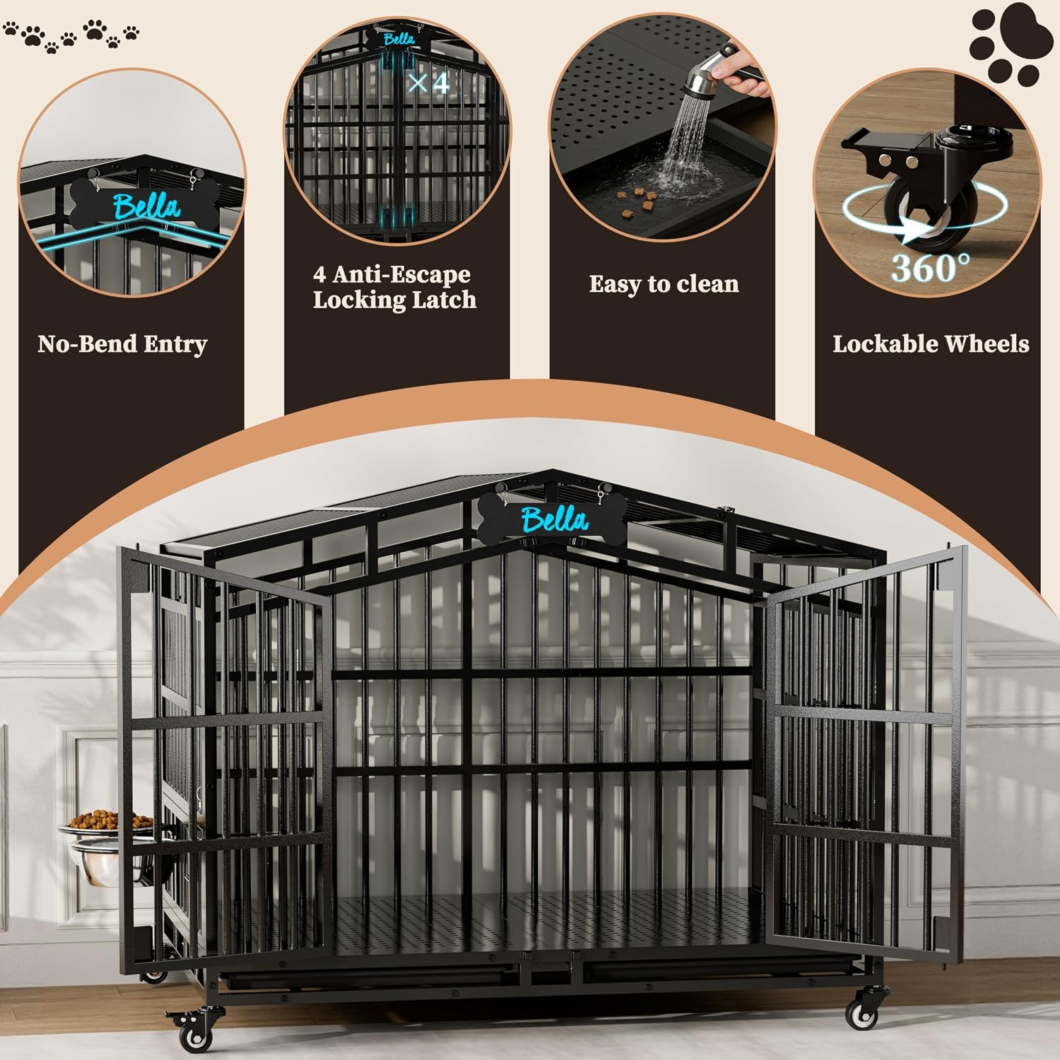 EasyCom 41 inch Heavy Duty Indestructible Dog Crate, Extra Large Metal Dog Kennel with 2 Adjustable Bowls, Open Top & Lockable Wheels, Escape Proof Indoor Cage for High Anxiety Large & Medium Breeds