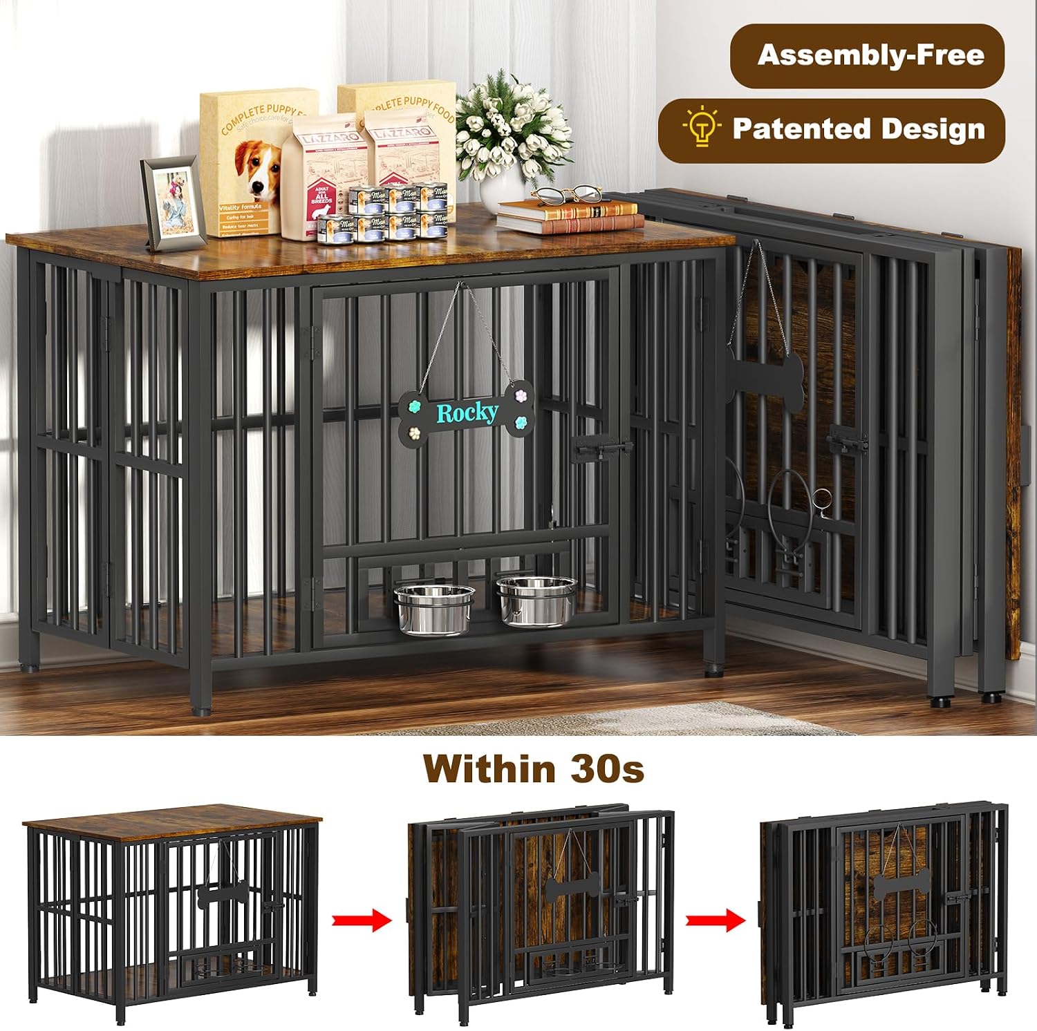 Easycom Dog Crate Furniture Foldable, No Assembly Decorative Dog Kennel Indoor, Dog Crates for Large Dogs(35-60 lb), Wooden Dog Cage with Adjustable Bowls and Name Tag, End Table, Rustic Brown