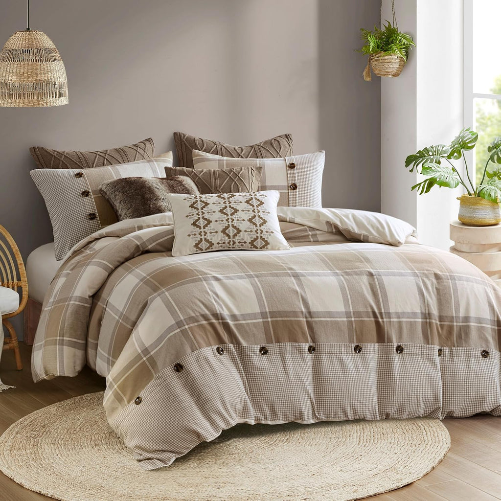 Madison Park King Comforter Cotton Jacquard Plaid Cabin Oversized Comforters King Bed, Removable Cover, All Season King Size Comforter, Décor Pillows, King/Cal King Neutral 9 Piece