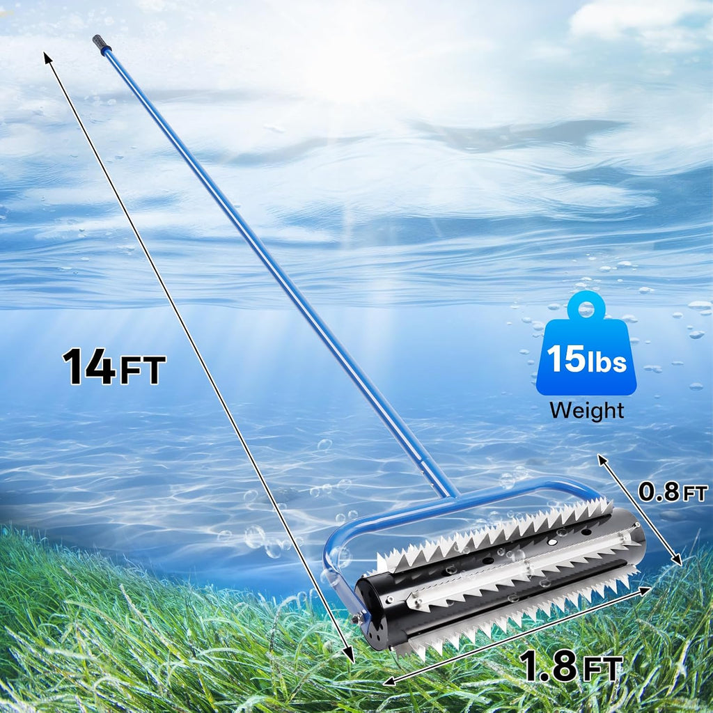 14ft Stainless Steel Lake Weed Roller, Beach Roller, Rid Weeds Roots and Muck Buildup, 4 Aluminum Handles, 6 Preassembled Stainless Steel Blades, Easy Assembly with Gloves Attached（3-Year Warranty）