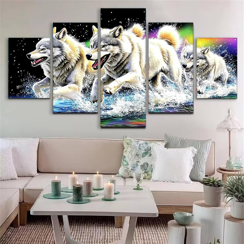 Wolf Diamond Art 5 Piece Diamond Painting Animal 5D DIY Full Round Drill Dimond Art Paintings Rhinestones Crafts for Adults Gem Painting for Home Decor, Large Artwork for Wall 40 x 80 Inch, Model381