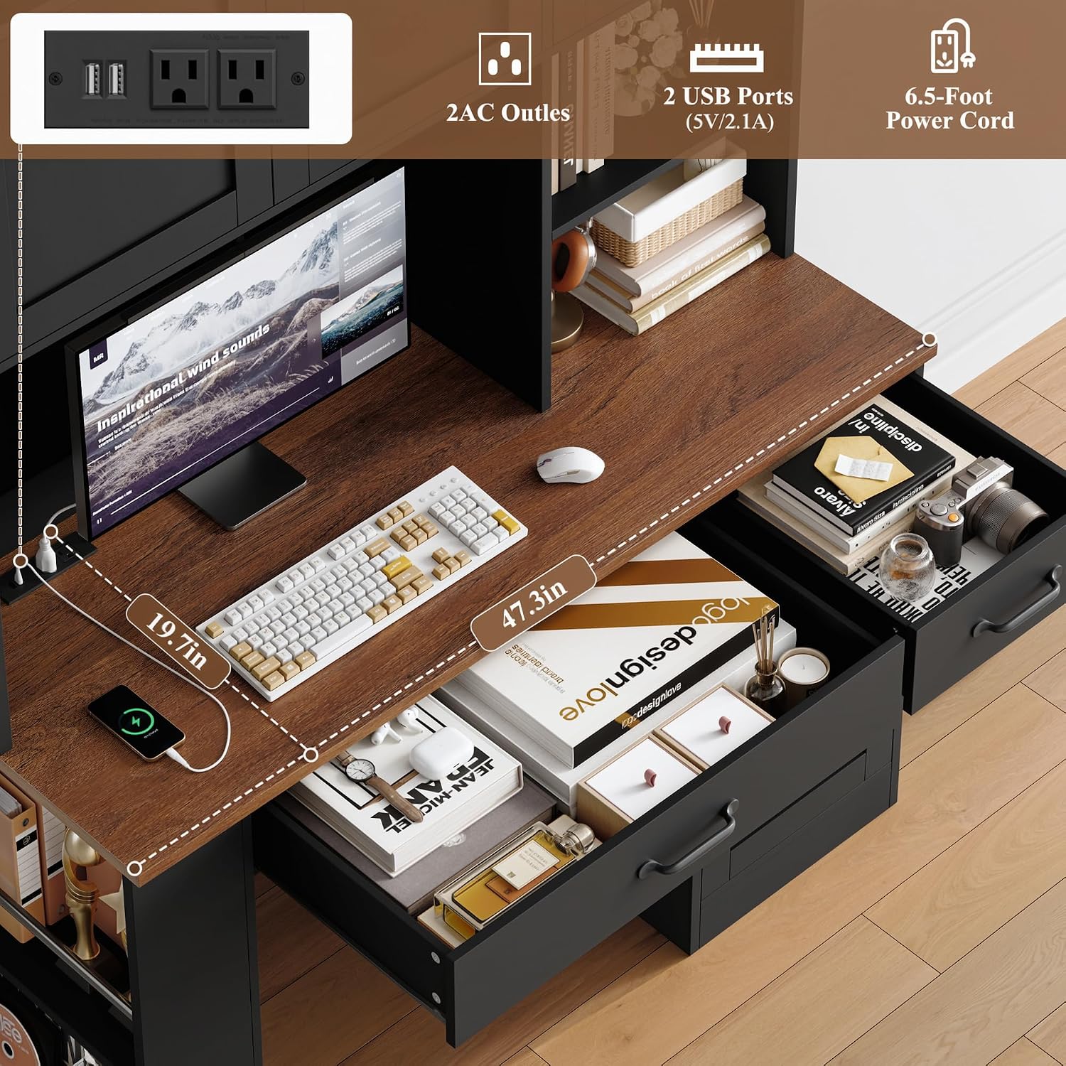 Keyluv 71' Tall Computer Desk with Hutch Cabinet, Home Office Desk with Storage Drawers Shelves and Side Rack, Wood Executive Desk with Doors, Outlet Station and Smart LED Lights, Black