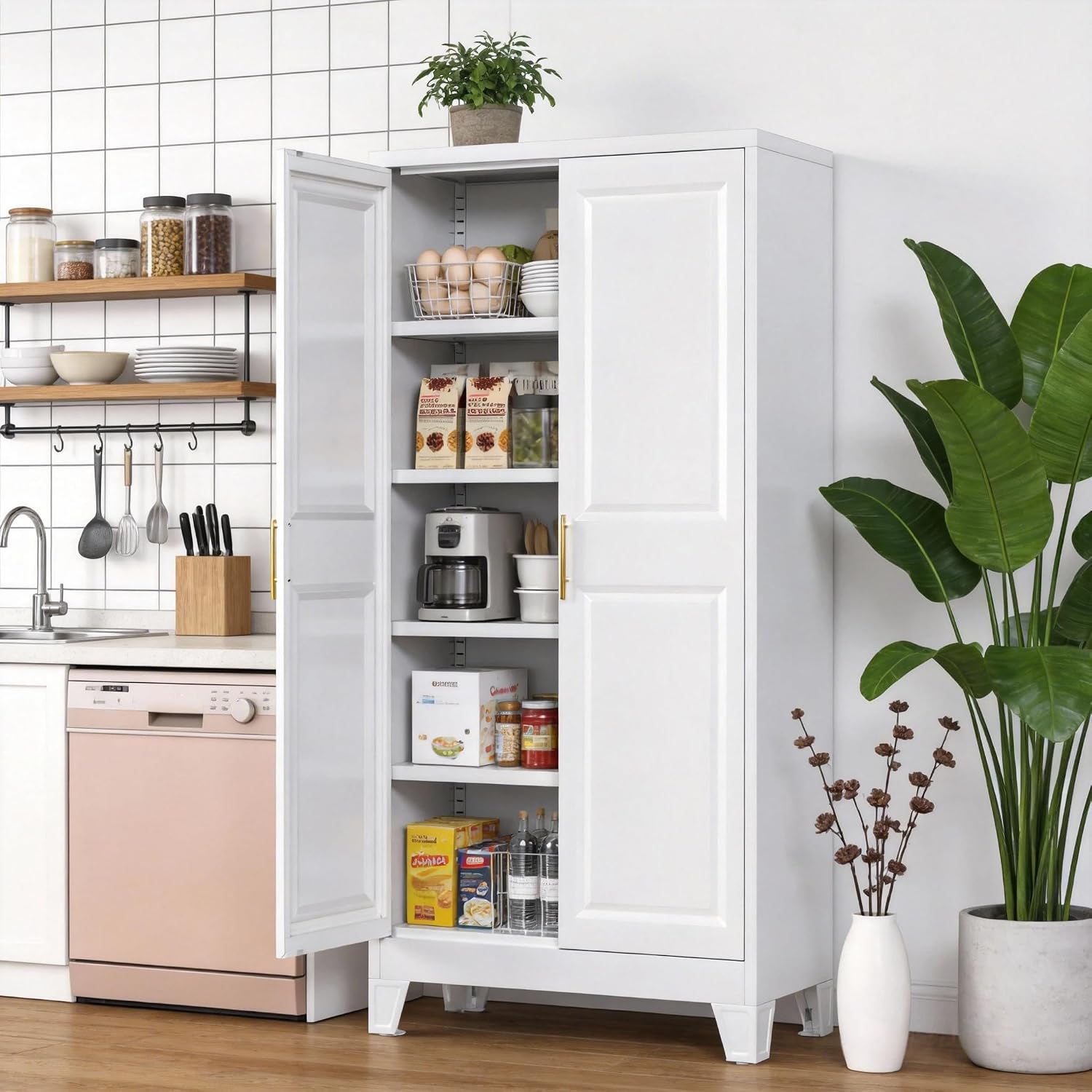 61.4' H Metal Pantry Cabinet with 4 Adjustable Shelves, White Kitchen Pantry Cabinet with 2 Doors, Freestanding Food Cabinet for Kitchen,Home,Required Assembly