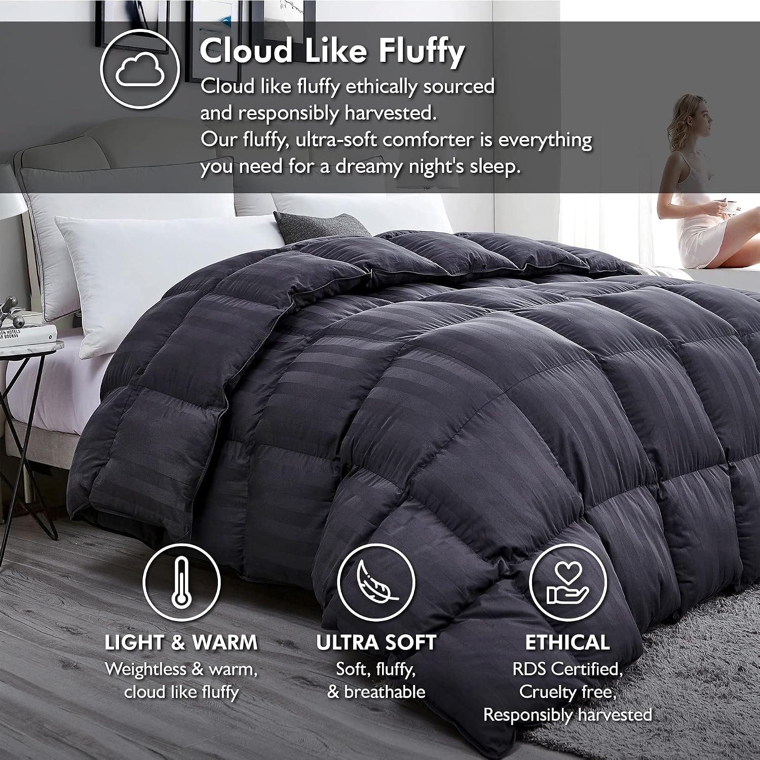 Luxurious Queen Size Goose Down Feather Fiber Comforter Duvet Insert, 100% Egyptian Cotton Cover, 60 oz. Fill Weight Comforter (Queen, Gray Stripe)