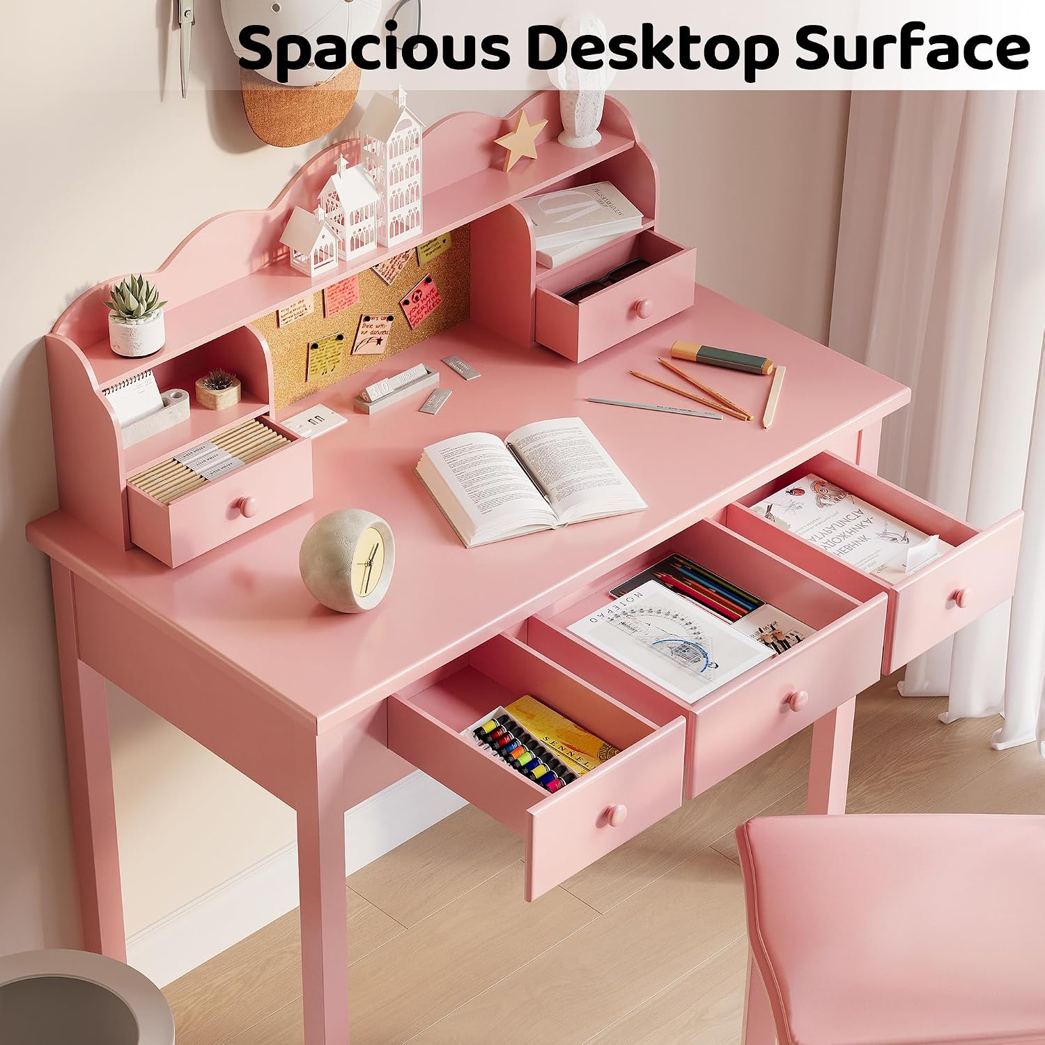 FUNKOCO Home Office Furniture Writing Desk,Computer Work Station with Detachable Hutch,5 Drawers(Pink)