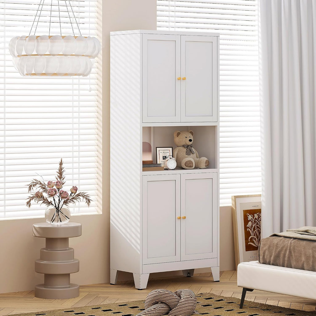 69' H Kitchen Hutch Cabinet with Storage,White Metal Storage Cabinet,Microwave Cabinet,Kitchen Pantry Cabinet with Countertop