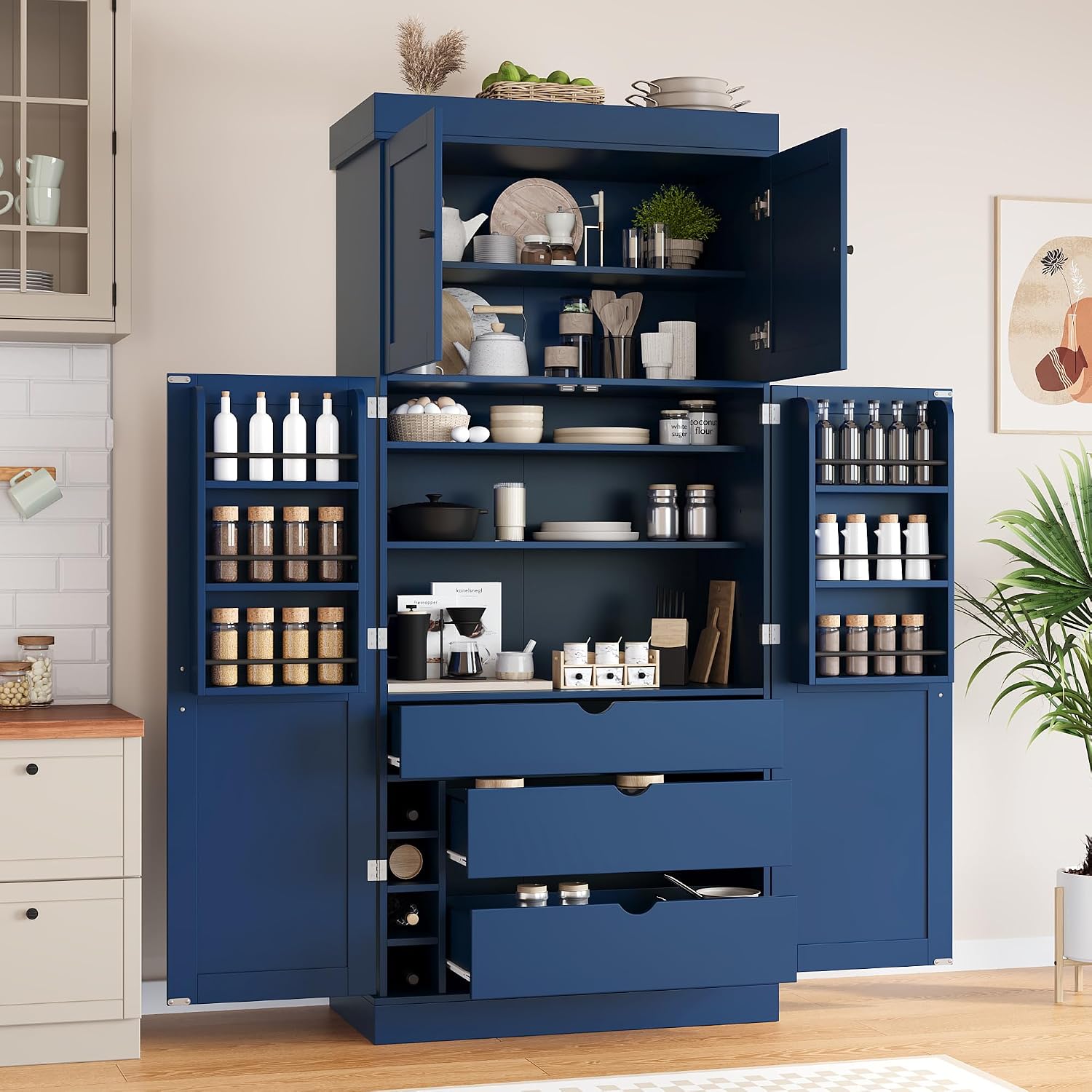 77'' Tall Freestanding Kitchen Pantry, 35''Lx17.7''W Wooden Kitchen Organizers Cupboard Storage Cabinet with Adjustable Shelves, Door Shelves, Drawers and Wine Racks (Blue-2.12)