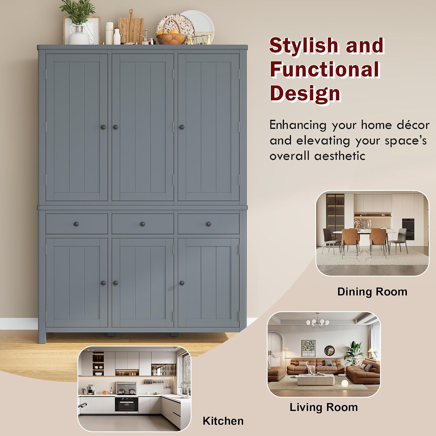 Farmhouse 74.8''H High Freestanding Kitchen Pantry, 53''Lx20''W Wooden Large Cupboard Storage Cabinet with Door Shelves, Adjustable Shelves, Pull-Out Trays and Drawers (Gray-6ds)