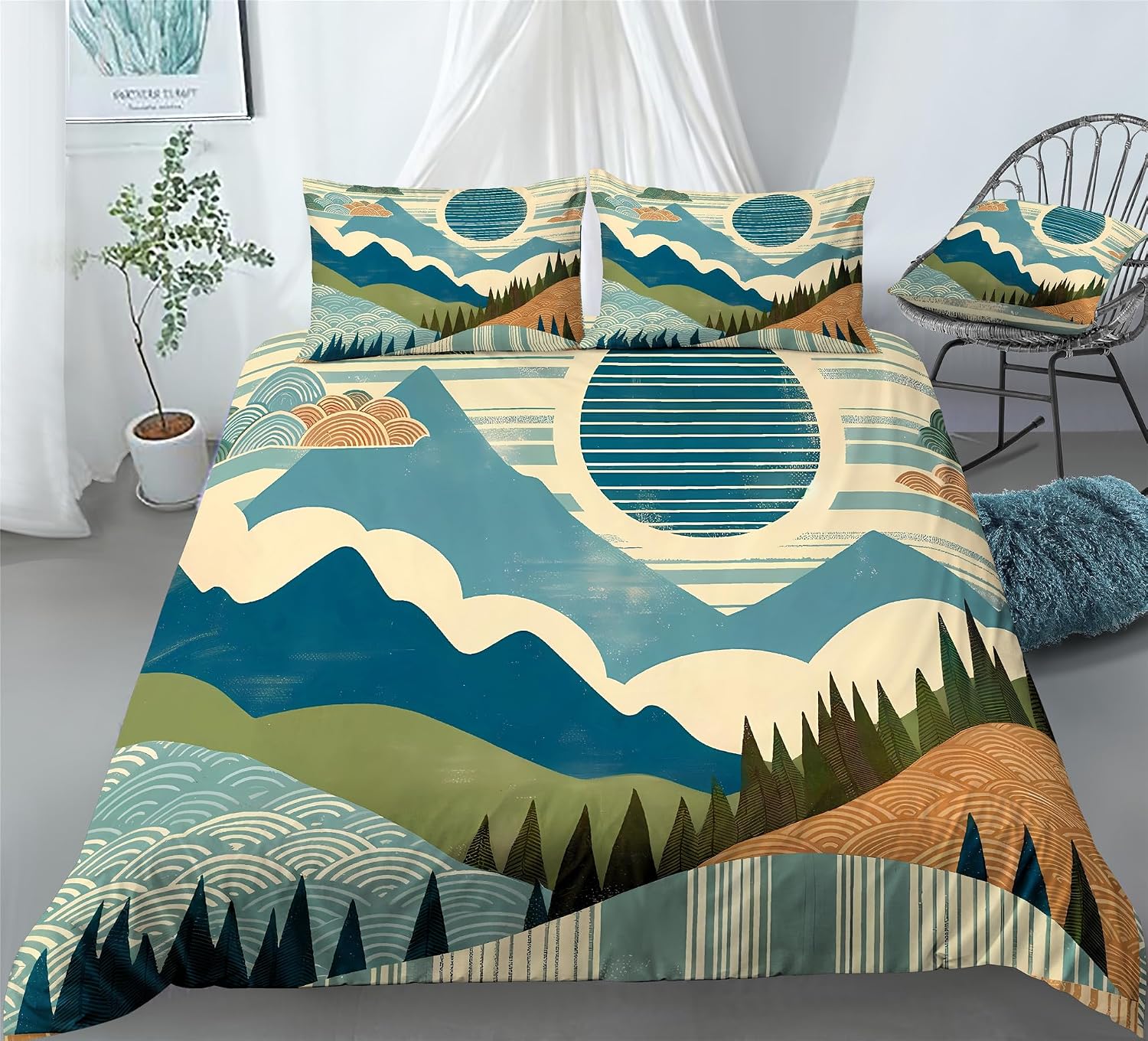 REALIN Mountain Forest Natural Scenery Duvet Cover Set,Nature Landscape Bedding,3PCS/4PCS with 1 Duvet Cover,2 Pillow Shams,Flat Sheet,Soft Microfiber,No Comforter Included (C,King-229x259cm-4PCS)