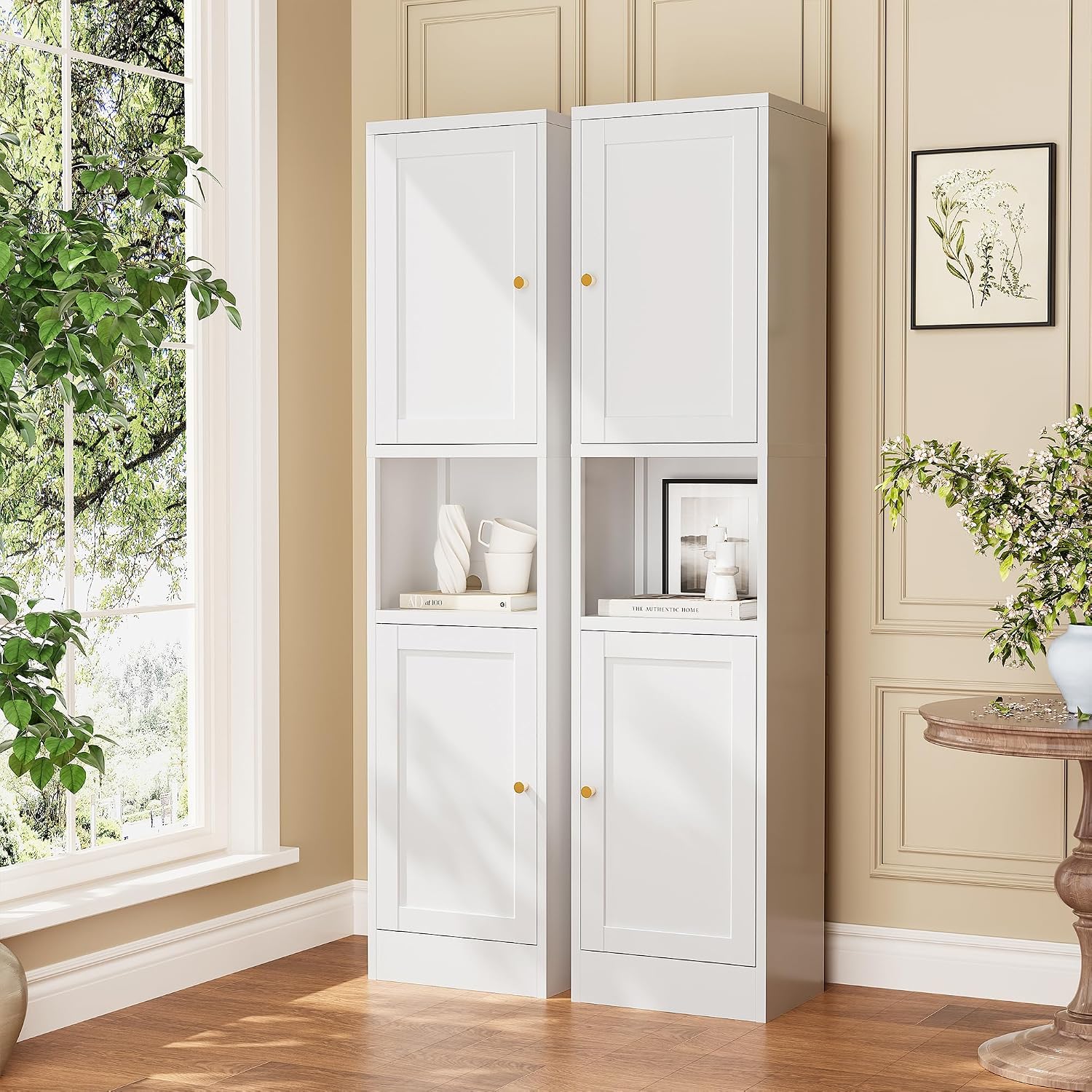 Tall Narrow Storage Cabinet,Metal Pantry Cabinet with Ajustable Shelves Open Countertop, Slim Sideboard for Small Spaces, Living Room, Kicthen, Dining Room, White