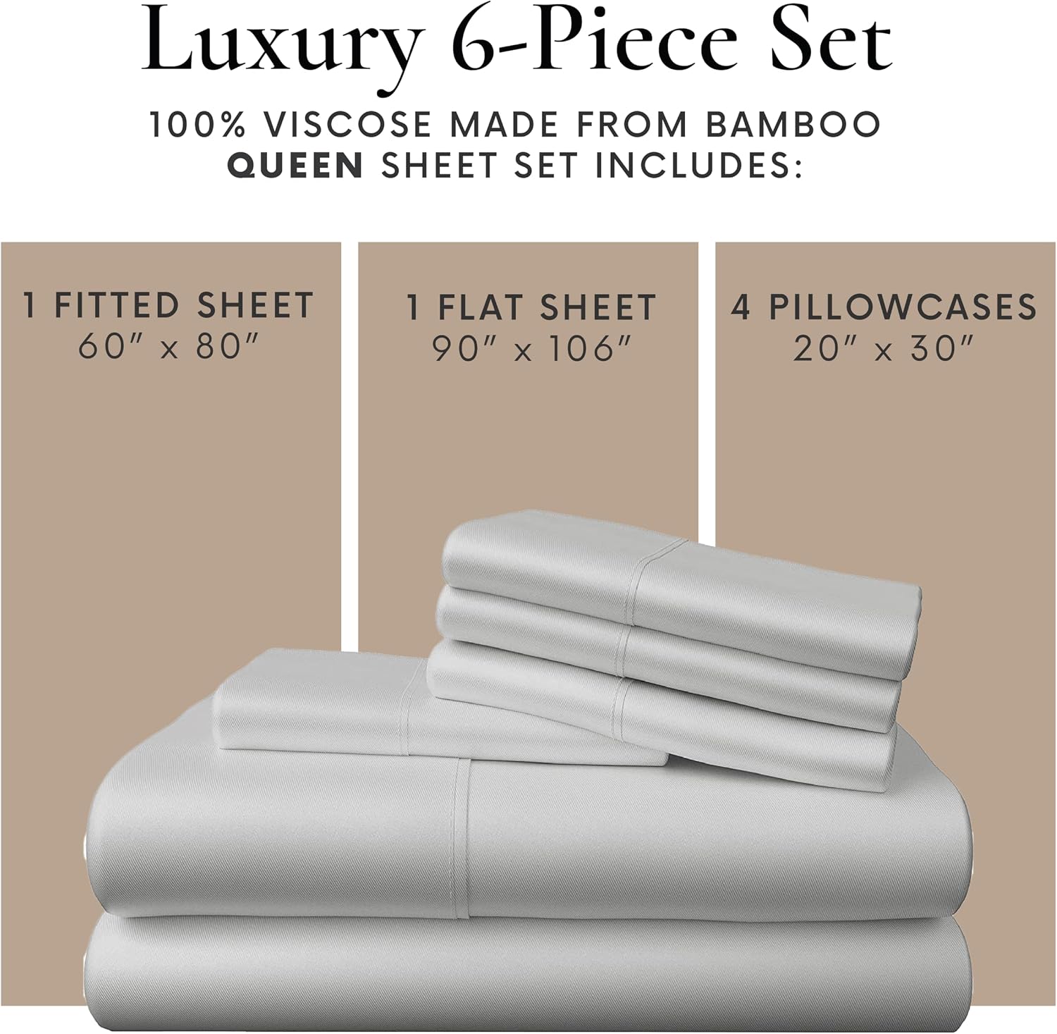 Bamboo Bay 6 Piece Queen Size Sheet Set, 100% Viscose Made from Bamboo, Breathable, Ultra Soft Cooling Bed Sheets for Hot Sleepers, Beddings with Deep Pockets Fit 16' Mattress, Light Grey