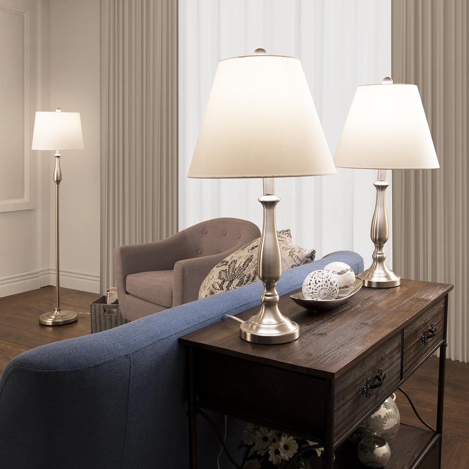 Lavish Home 3-Piece Home Lighting Set - Coordinating Bundle with 2 Table Lamps and 1 Floor Lamp for Home and Office Decor (Silver)