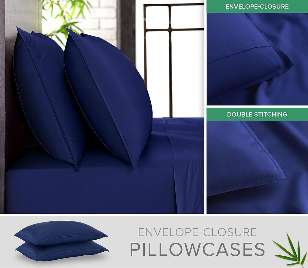 Pure Bamboo Split King Sheets, Genuine 100% Organic Viscose Derived from Bamboo Bed Sheet Set, Soft & Cooling, Double Stitching, 2 Fitted Sheets (Split King, Cobalt Blue)