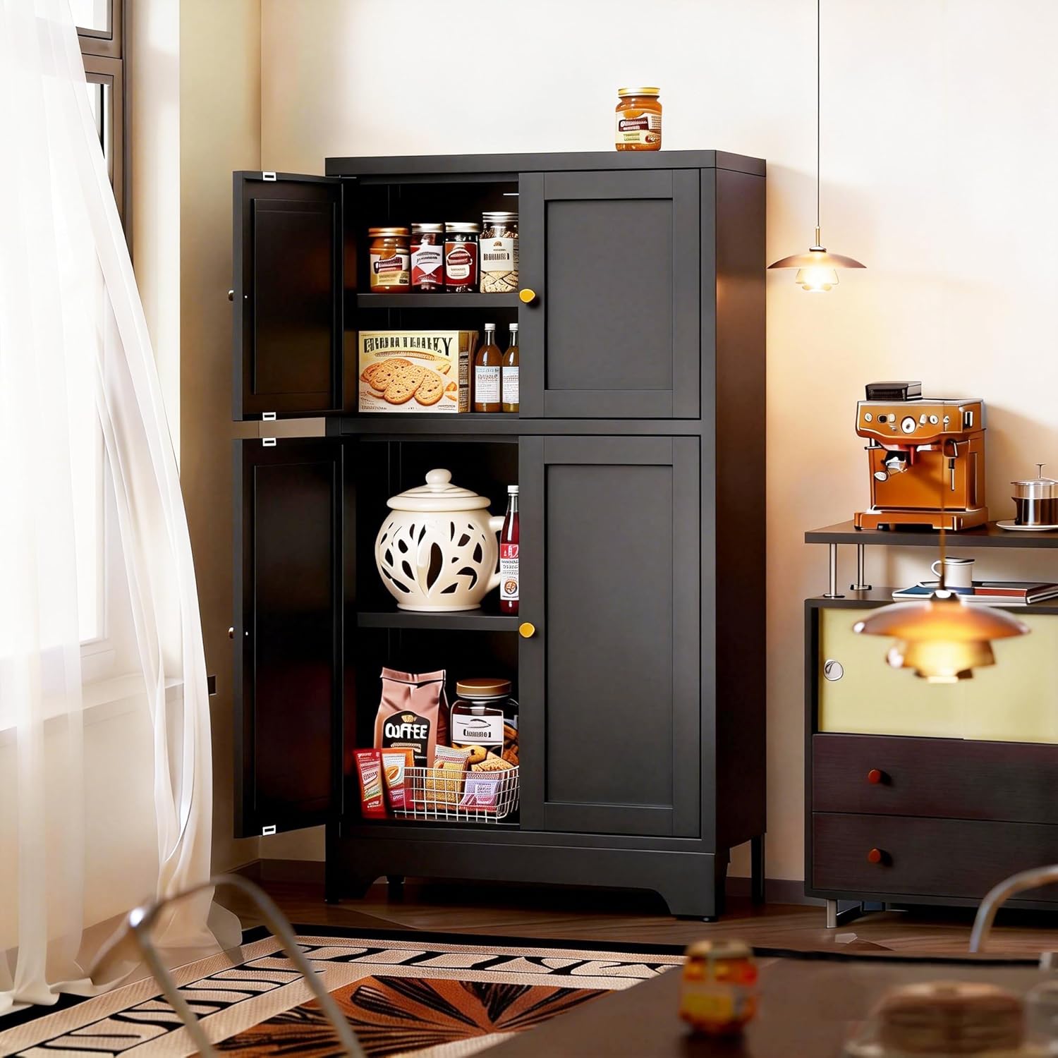43' H Small Black Cabinet,Bathroom Floor Storage Cabinet,Metal Bathroom Cabinets Freestanding