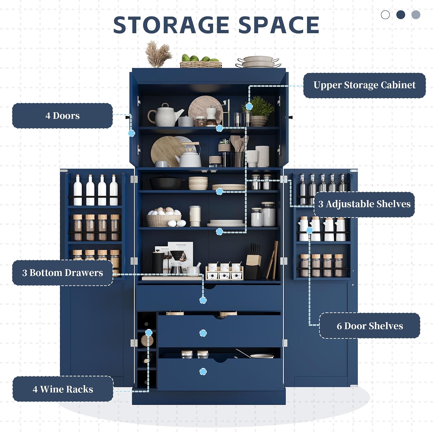 77'' Tall Freestanding Kitchen Pantry, 35''Lx17.7''W Wooden Kitchen Organizers Cupboard Storage Cabinet with Adjustable Shelves, Door Shelves, Drawers and Wine Racks (Blue-2.12)