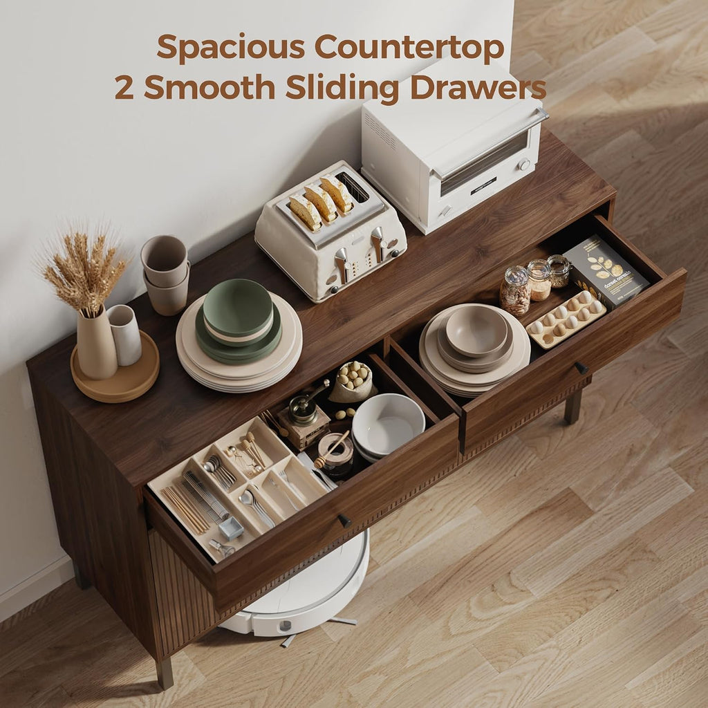 Mericonia Farmhouse Buffet Sideboard Cabinet with Storage, Fluted Coffee Bar with Doors and Adjustable Shelves, Modern Wood Console Cabinet with Drawers (4 Door, Walnut 2 Drawer)