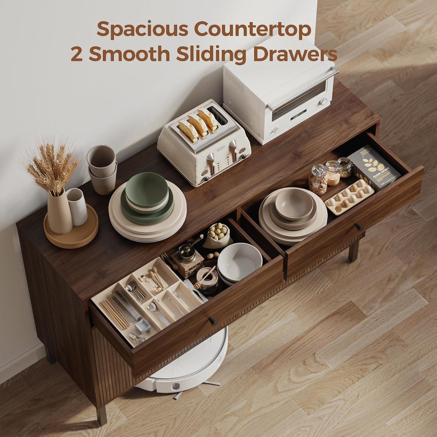 Mericonia Farmhouse Buffet Sideboard Cabinet with Storage, Fluted Coffee Bar with Doors and Adjustable Shelves, Modern Wood Console Cabinet with Drawers (4 Door, Walnut 2 Drawer)