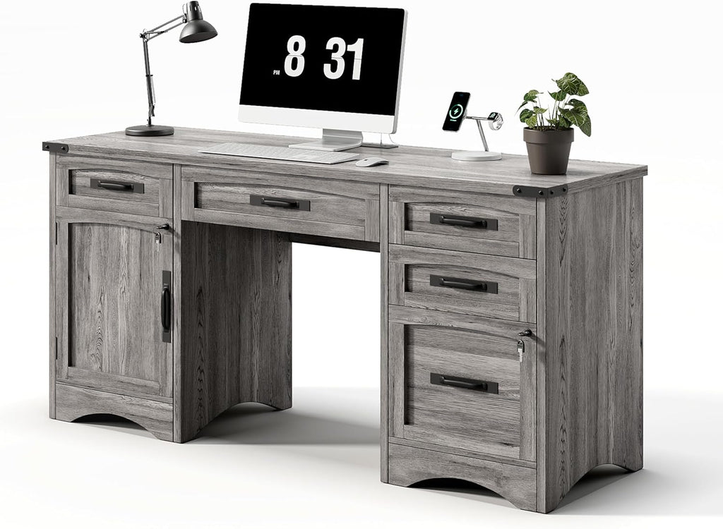 Decofy Farmhouse Executive Desk with Drawers, 55' Home Office Desks with Fast Charging Station, Lockable File Cabinet, Wood Writing Computer Desk for Work, Study, Grey