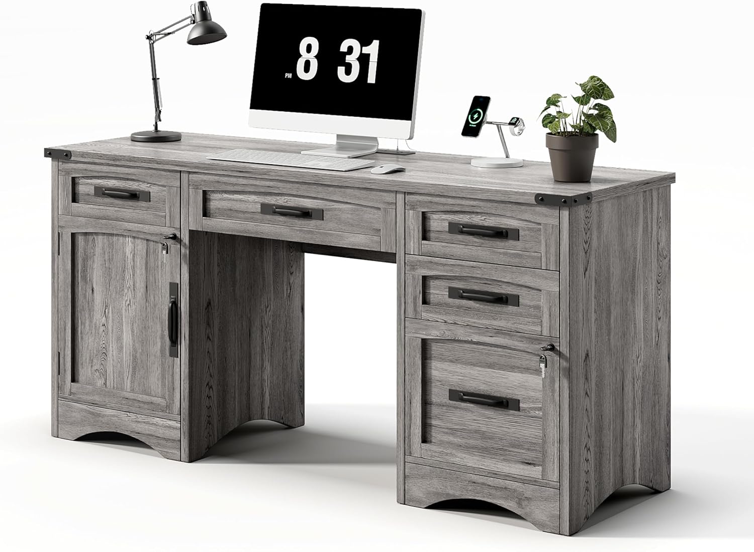 Decofy Farmhouse Executive Desk with Drawers, 55' Home Office Desks with Fast Charging Station, Lockable File Cabinet, Wood Writing Computer Desk for Work, Study, Grey