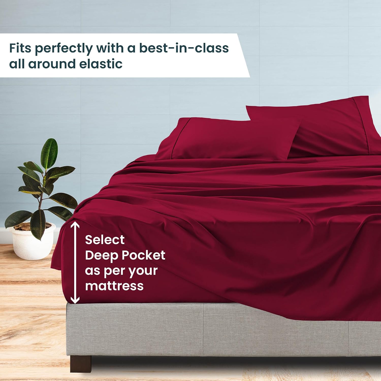 1000 Series- Extra Long Staple 100% Egyptian Cotton Sheet Set,Sateen Weave, Hotel Quality Soft Luxury Bedding, Queen Size 4 Piece Sheet Set Fit 15' Inch to 18' Deep Burgundy Solid.