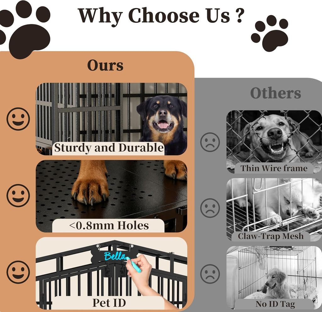 EasyCom 41 inch Heavy Duty Indestructible Dog Crate, Extra Large Metal Dog Kennel with 2 Adjustable Bowls, Open Top & Lockable Wheels, Escape Proof Indoor Cage for High Anxiety Large & Medium Breeds