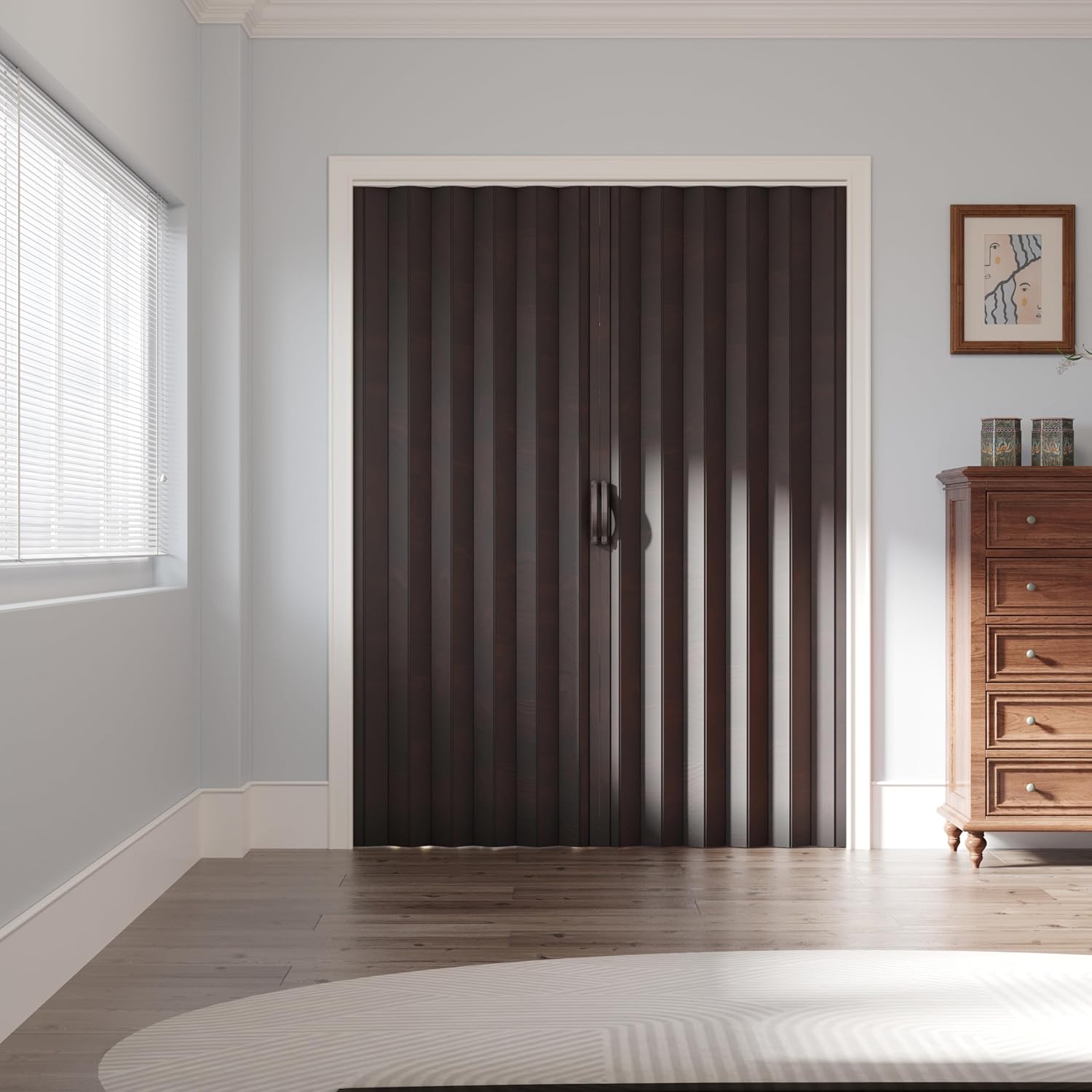 120' x 80' Accordion Door Interior, Walnut PVC Powerful Magnetic Folding Door and Hardware Kit Included, Multifold Bifold Closet Doors for Closet Bathroom Doorway 98-120' x 80'