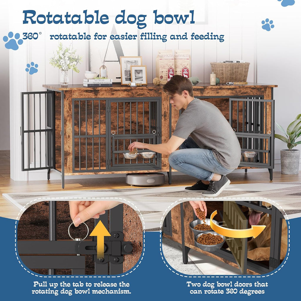 Grepatio 79' Double Dog Crate Furniture for 2 Dogs, Large Dog Kennel with 360° Rotating Feeder Bowls, Indoor Double Dogs Crates with 4 Doors, Wooden Dog Crate TV Stand with Removable Divider