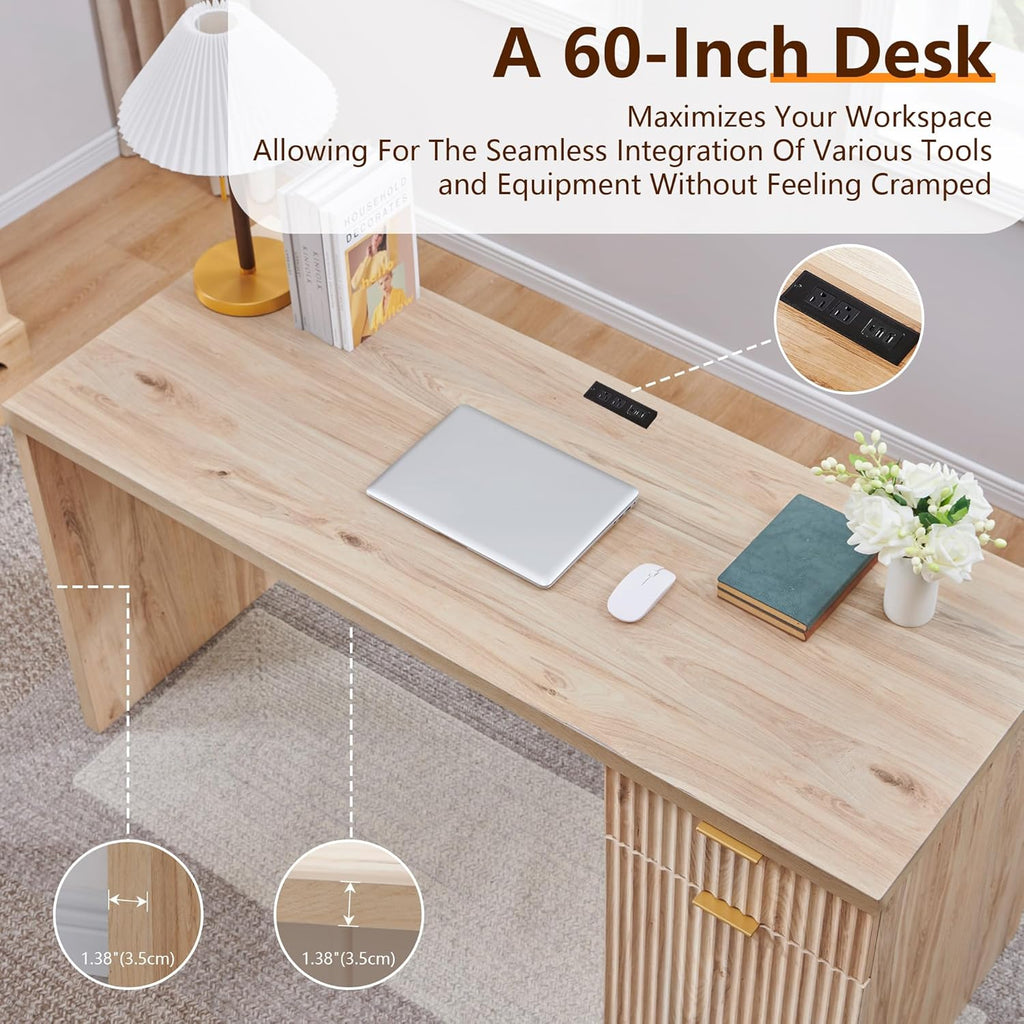 JXQTLINGMU 60' Modern Executive Desk with Storage, Wood Home Office Desk with Drawer & Cabinet, Fluted Computer Writing Desk for Study, Living Room, Bedroom, Oak