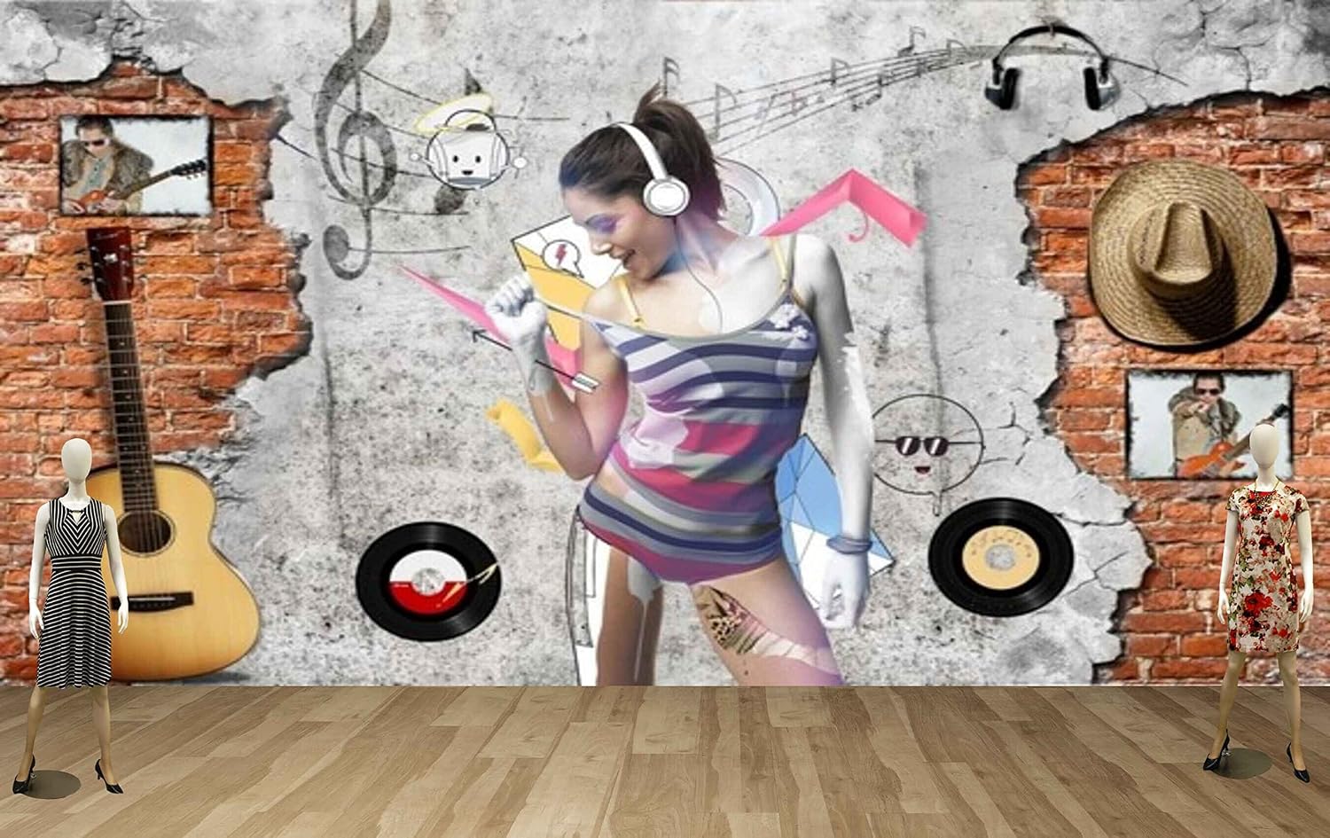 MWZ3606 Singing Girl Musical Instruments HD 3D Wallpaper for Gym Fitness[8 ft x 7 ft] / [244 cm x 213 cm]